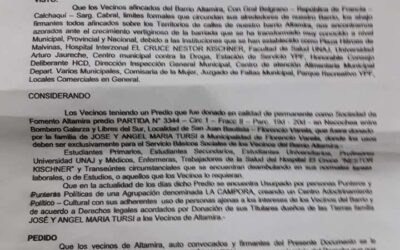 Fuerte Documento presentado  al intendente y  firmado por numerosos  vecinos del barrio Altamira