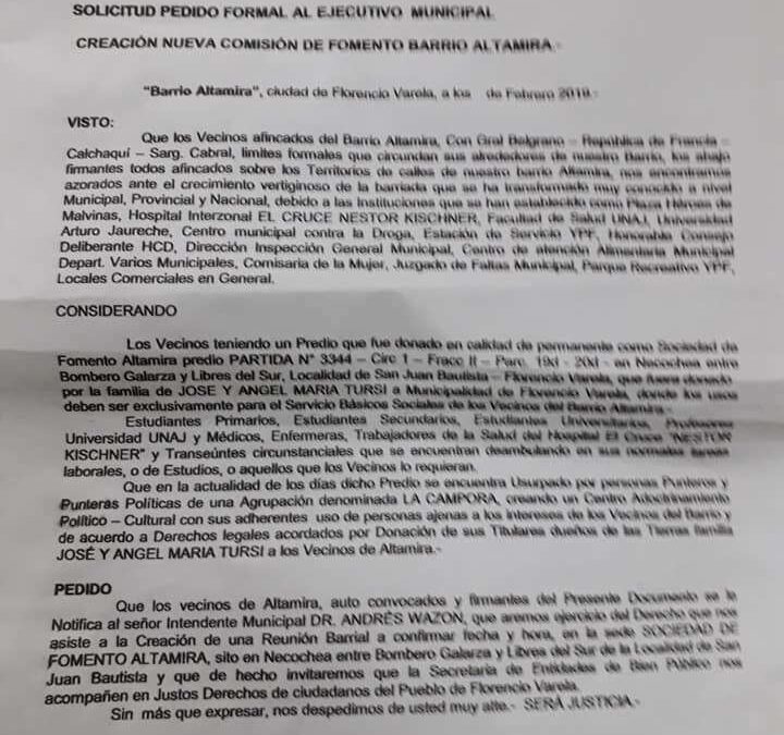 Fuerte Documento presentado  al intendente y  firmado por numerosos  vecinos del barrio Altamira