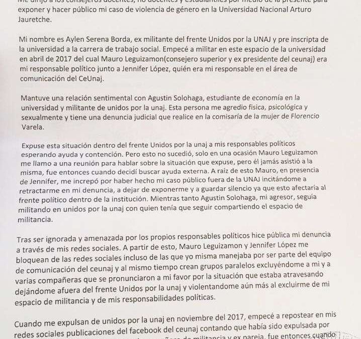 Violencia de género y otra denuncia pública en la UNAJ