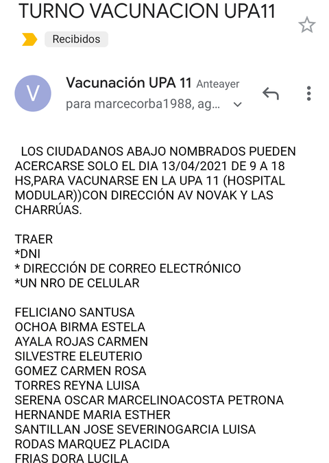 Falsa convocatoria de vacunación por mails a vecinos varelenses
