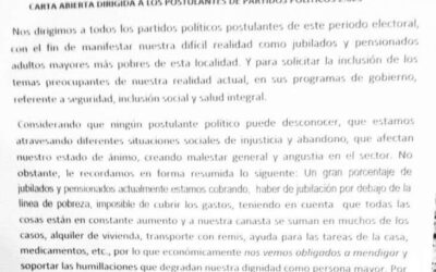 Jubilados y pensionados autoconvocados de Florencio Varela hacen pública una carta a los a los postulantes de partidos políticos de las PASO 2023