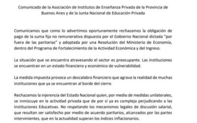 Comunicado de la Asociación de Institutos de Enseñanza Privada de la Provincia de Buenos Aires y de la Junta Nacional de Educación Privada